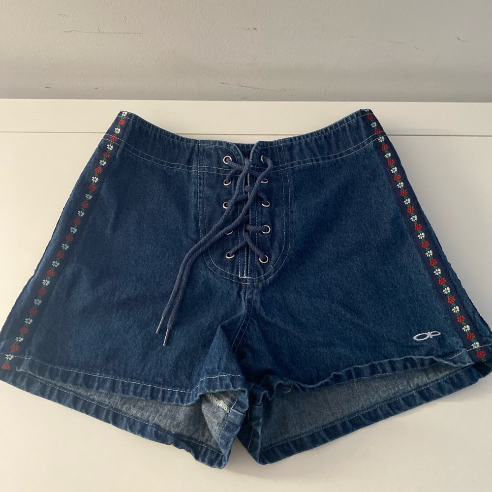 OP Women's Lace-Up Dark Blue Jean Shorts with Colorful Trim